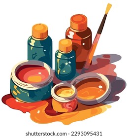 Multi colored paints with paintbrush over white