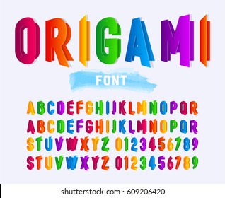 Multi colored paper alphabet letters and numbers, origami font isolated on gray background