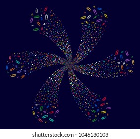 Multi Colored Paperclip twirl flower with 6 petals on a dark background. Psychedelic twist combined from randomized paperclip items.