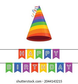 Multi colored party hat with lines and Happy birthday banner. Accessory, symbol of the holiday. Birthday Colorful Cap vector illustration. EPS 10.