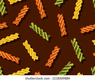 Multi colored pasta fusilli on a dark background seamless pattern. Symbol of italian cuisine menu. Vector cartoon background.