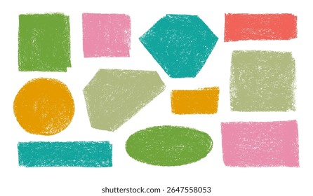 Multi colored pastel drawn basic geometric shapes with soft rough texture. Funky kid geometric forms and figures. Vector basic shapes. Crayon drawn playful abstract text boxes for childish designs.