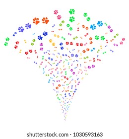 Multi Colored Paw Footprints stream fountain. Object fountain created from random paw footprints pictographs as fireworks. Vector illustration style is flat iconic symbols with psychedelic colors.