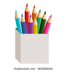 Multi colored pencils Placed in a white box .Vector illustration isolated on white background.Cute design for t shirt print, icon, logo, label, patch or sticker.