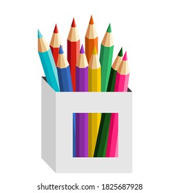 Multi colored pencils Placed in a white box .Vector illustration isolated on white background