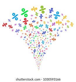 Multi Colored Percent explosion fountain. Object fountain constructed from random percent pictograms as fireworks. Vector illustration style is flat iconic symbols with psychedelic colors.