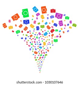 Multi Colored Photo Camera burst fountain. Object fountain created from random photo camera icons as fireworks. Vector illustration style is flat iconic symbols with psychedelic colors.