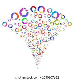 Multi Colored Pie Chart burst fountain. Object fountain created from random pie chart symbols as fireworks. Vector illustration style is flat iconic symbols with psychedelic colors.