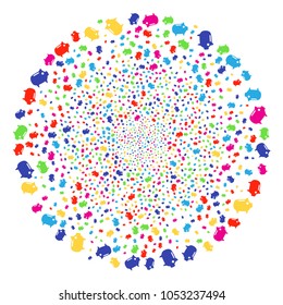 Multi Colored Piggy Bank festive globula. Vector spheric cluster fireworks designed with scattered piggy bank symbols. Colorful Vector abstraction.