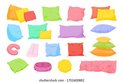 Разноцветная подушка плоский мультяшный набор. Текстиль для домашнего интерьера. Шаблон макета подушек для сна с диваном-кроватью. Перо, бамбуковая эко-ткань. Красочная подушка различной формы. Изолированный векторный рисунок