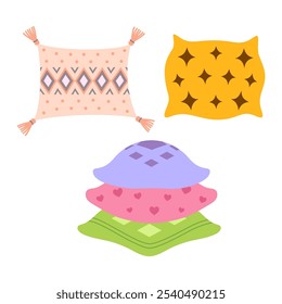 multi colored pillow flat cartoon set, home interior textile, decorative pillows for bed or sofa, flat style