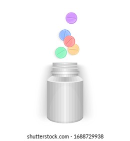 Píldoras multicolores y frasco blanco aislado en fondo blanco, vectoriales formato 10