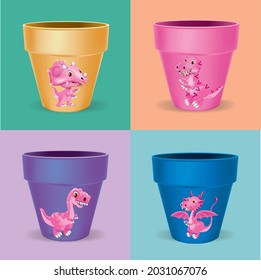multi colored plant pots The team has a cute dinosaur pattern on the side of the pot.illustration vector