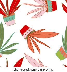 Plantas multicolores en macetas.Diseño a la moda sin fisuras.Aislado sobre fondo blanco.Diseño para textiles, tela, papel de envoltura, pantalones, barro. Ilustración vectorial dibujada a mano.