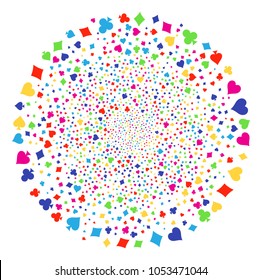 Multi Colored Playing Card Suits carnival spheric cluster. Vector sphere fireworks combined from scatter playing card suits items. Psychedelic Vector abstraction.