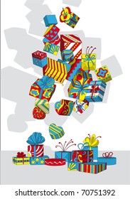 The multi colored presents are falling down