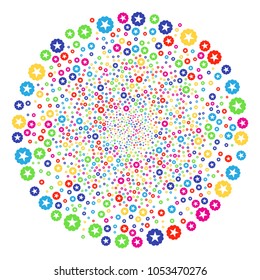 Multi Colored Quality festive sphere. Vector round cluster bang combined by scatter quality symbols. Psychedelic Vector abstraction.