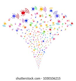 Multi Colored Radio Bug burst fountain. Object fountain organized from random radio bug icons as fireworks. Vector illustration style is flat iconic symbols with psychedelic colors.