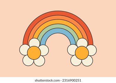 Multi colored rainbow and groovy trippy daisies in hippie style. Retro prints in style of 70s with hippie elements for T-shirt, cards, stickers. Suitable for nursery design. Vector Illustration