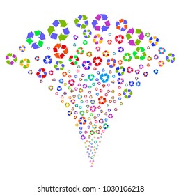Multi Colored Recycle Arrows explosion fountain. Object fountain done from random recycle arrows pictographs as fireworks. Vector illustration style is flat iconic symbols with psychedelic colors.