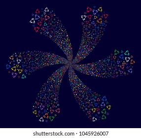 Multi Colored Recycle Triangle cycle flower shape on a dark background. Vector abstraction. Impressive twist organized from scatter recycle triangle items.