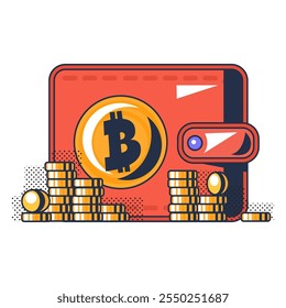 Multi colored replacing fiat money with cryptocurrency. Storing digital assets in wallet. Diversification of savings and finances. Futuristic cartoon outline vector isolated on white background