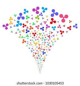 Multi Colored Ripple Currency exploding fountain. Object fountain organized from random ripple currency pictographs as fireworks.