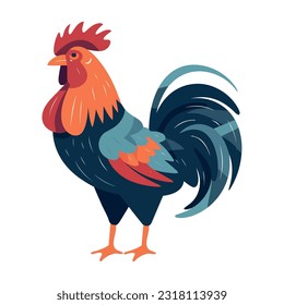 Gallo multicolor parado sobre un icono de fondo de hierba aislado