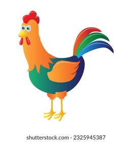 multi colored rooster stands on two legs