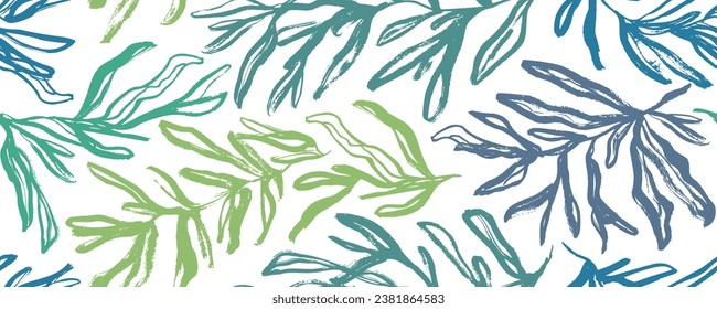 Multi colored rosemary branches seamless banner design. Abstract botanical colored seamless pattern. Hand drawn botanical rustic trendy greenery. Abstract trendy exotic jungle ornament.