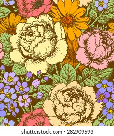 Multi Colored Roses Seamless Pattern. Freehand Drawing.