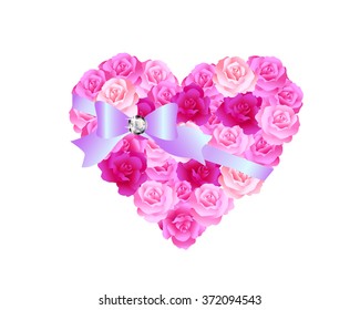 Multi colored roses in the shape of a heart with a blingy ribbon wrapping around