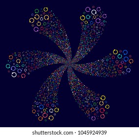Multi Colored Rotation cyclonic flower cluster on a dark background. Vector abstraction. Hypnotic flower done from scatter rotation symbols.