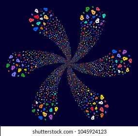 Multi Colored Rouble rotation flower with six petals on a dark background. Vector abstraction. Hypnotic twist combined from scattered rouble items.