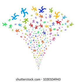 Multi Colored Running Man fireworks fountain. Object fountain created from random running man design elements as fireworks. Vector illustration style is flat iconic symbols with psychedelic colors.