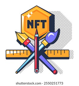 Venta multicolor de productos NFT digitales. Creación de Obra de arte digital coleccionable. Plataforma para el trading en tecnología blockchain. Futurista Vector de contorno de dibujos animados aislado sobre fondo blanco