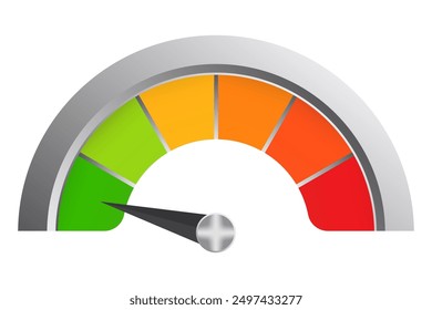 Mehrfarbige Skala in Metallrahmen. Messung, Messung, Pfeil, Datenübertragungsrate, Tachometer, Minimum, Temperatur, Thermometer, medizinisches Gerät, Engineering-Gerät, Gesundheitsüberwachung, grün, orange, rot