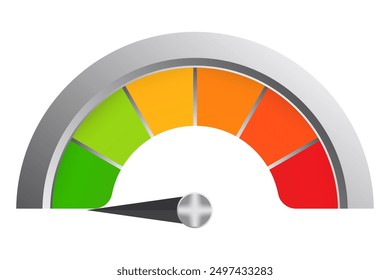 Mehrfarbige Skala in Metallrahmen. Messung, Messung, Pfeil, Datenübertragungsrate, Tachometer, Minimum, Temperatur, Thermometer, medizinisches Gerät, Engineering-Gerät, Gesundheitsüberwachung, grün, orange, rot