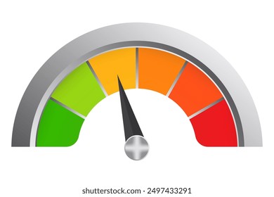 Mehrfarbige Skala in Metallrahmen. Messung, Messung, Pfeil, Datenübertragungsrate, Tachometer, Mitte, Temperatur, Thermometer, medizinisches, technisches Gerät, Gesundheitsüberwachung, grün, orange, rot