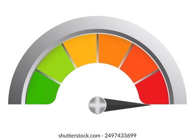 Mehrfarbige Skala in Metallrahmen. Messung, Messung, Pfeil, Datenübertragungsrate, Tachometer, Maximum, Temperatur, Thermometer, medizinisches, technisches Gerät, Gesundheitsüberwachung, grün, orange, rot