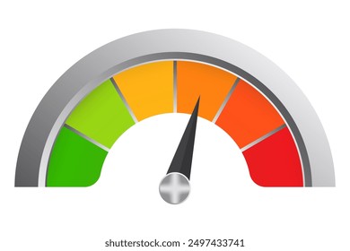 Mehrfarbige Skala in Metallrahmen. Messung, Messung, Pfeil, Datenübertragungsrate, Tachometer, Mitte, Temperatur, Thermometer, medizinisches, technisches Gerät, Gesundheitsüberwachung, grün, orange, rot