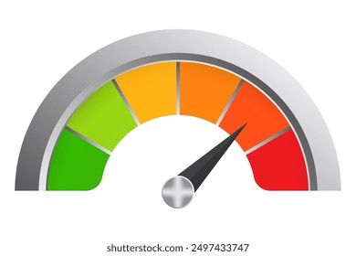 Mehrfarbige Skala in einem Metallrahmen. Messung, Messung, Pfeil, Datenübertragungsrate, Tachometer, hohe Rate, Temperatur, Thermometer, medizinisch, Engineering-Gerät, Glucometer, Gesundheitsüberwachung