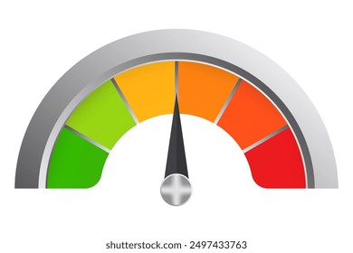 Mehrfarbige Skala in Metallrahmen. Messung, Messung, Pfeil, Datenübertragungsrate, Tachometer, Mitte, Temperatur, Thermometer, medizinisches, technisches Gerät, Gesundheitsüberwachung, grün, orange, rot