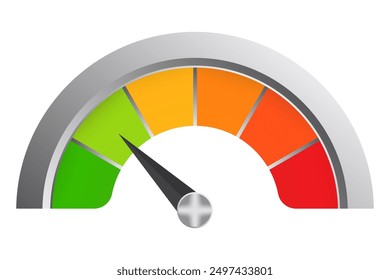 Mehrfarbige Skala in einem Metallrahmen. Messung, Messung, Pfeil, Datenübertragungsrate, Tachometer, niedrige Rate, Temperatur, Thermometer, medizinisches und technisches Gerät, Glucometer, Gesundheitsüberwachung