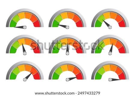 Multi colored scale in a metal frame. Measure, measurement, arrow, data transfer rate, speedometer, green to red, temperature, thermometer, medical and engineering device, health monitoring, min, max