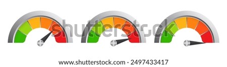 Multi colored scale in metal frame. Measure, arrow, data transfer rate, speedometer, high rate, maximum, temperature, thermometer, medical, engineering device, health monitoring, green, orange, red