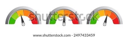 Multi colored scale in metal frame. Measurement, arrow, data transfer rate, speedometer, middle rate, temperature, thermometer, medical, engineering device, health monitoring, green, orange, red