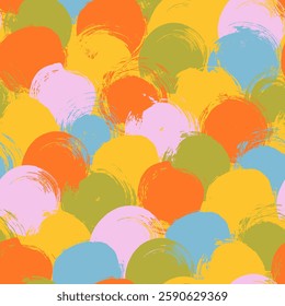 Multi colored scallops seamless pattern. Funky naive wrapping paper with round shapes and circles. Grunge scallop shapes seamless pattern. Colorful circle stamps background.