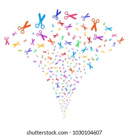 Multi Colored Scissors exploding fountain. Object fountain done from random scissors design elements as fireworks. Vector illustration style is flat iconic symbols with psychedelic colors.