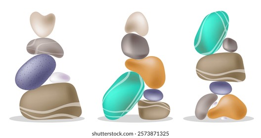 Multi colored sea stones stacked in vertical pyramids. Carefully stacking of river pebbles into balancing pile. Simple flat vector isolated on white background